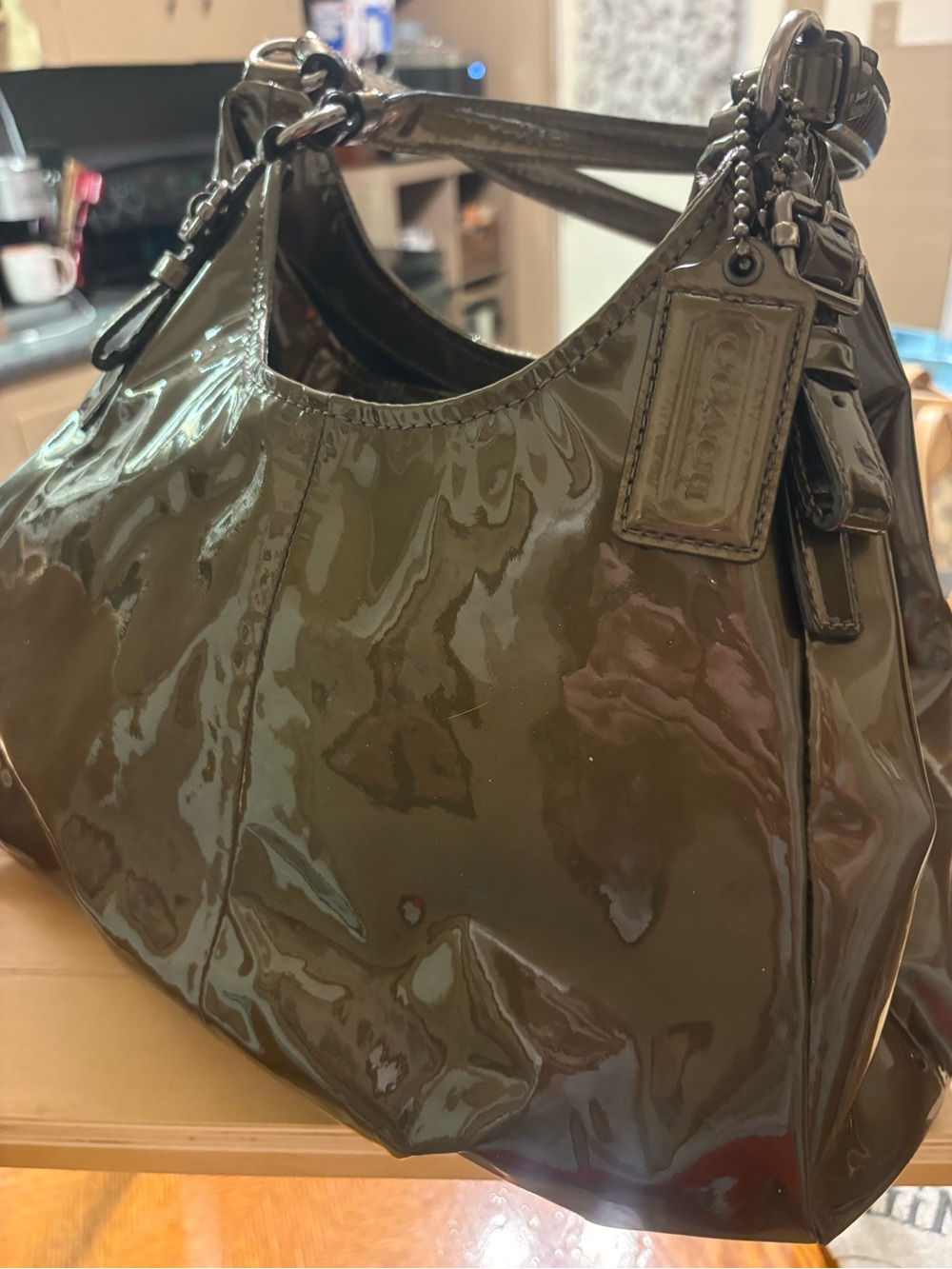 Coach Patent Shoulder Bag in Olive Green - Picture 2 of 8